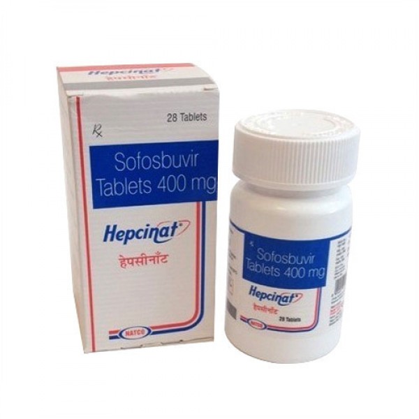 A bottle of and a box of sofosbuvir 400mg tablets