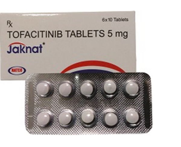 A box and strip of Tofacitinib 5mg tablets. 