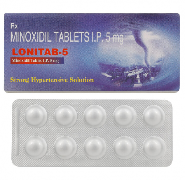 A box and a strip of Minoxidil 5mg tablets