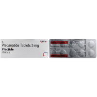 A box and strip of generic Plecanatide 3mg pills