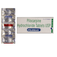 A box and a strip of generic Pilocarpine 5mg Tabs