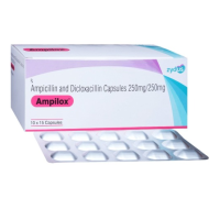 A box and a strip of Ampicillin (250mg) + Dicloxacillin (250mg) Capsule
