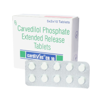 A pack and a strip of Carvedilol 10mg Tablet