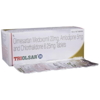 A box and a strip of Olmesartan Medoxomil (20mg) + Amlodipine (5mg) + Chlorthalidone (6.25mg) Tablet