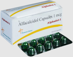 A box and a strip of Alfacalcidol (1mcg) Capsule