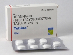A box and a strip pack of generic terbinafine 250mg tablets