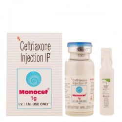 Box and bottle of generic Ceftriaxone (1gm) Injection