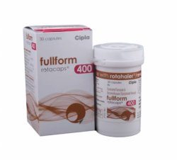 A bottle and a box of generic Beclomethasone (400mcg) + Formoterol (6mcg) Rotacaps with Rotahaler