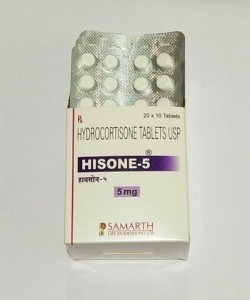 Box and blister strips of generic Hydrocortisone (5mg) Tablet
