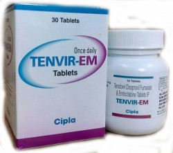 Bottle and a box of Emtricitabine (200mg) + Tenofovir (300mg) Tablets