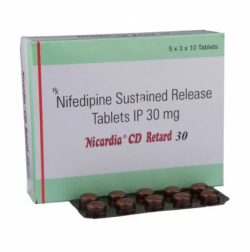 Box pack and a strip of Nifedipine 30mg Tablet