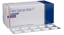 A box and a blister strip of generic Lithium (300mg) Tablet