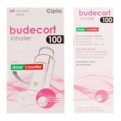 A front and backside of Budesonide 100mcg Inhaler