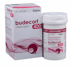 A bottle and a box of generic Budesonide 400mcg Inhaler