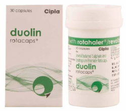 A bottle and a box of Levalbuterol (100mcg) + Ipratropium (40mcg) Rotacaps with Rotahaler