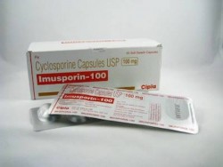 A box and a strip of generic Cyclosporine  100mg Capsule