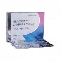 A box and a blister pack of generic Itraconazole  200mg Capsule