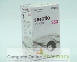 A box of generic Fluticasone Propionate 230mcg / Salmeterol 21mcg Inhaler
