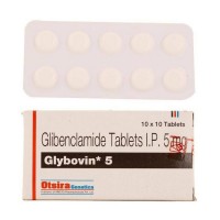 Blister and box of generic Glyburide ( Glibenclamide 5mg tablets )