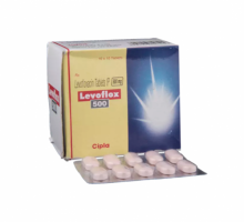 A box and blister pack of generic levofloxacin 500mg tablet
