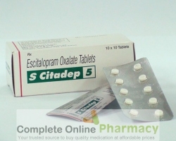 Two strips kept on a box of generic Escitalopram Oxalate 5mg tablets