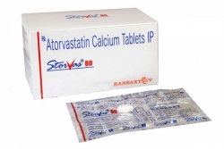 A box and a strip of generic Atorvastatin Calcium 80mg tablets