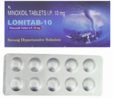 A box and a strip of Minoxidil 10mg tablets