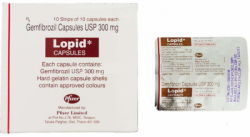 Box and blister strip of generic Gemfibrozil 300mg capsules