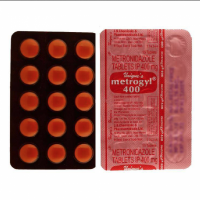 Front and back side of generic metronidazole 400mg tablet