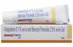 A tube of Adapalene 0.1% w/w + Benzoyl Peroxide 2.5% w/w gel. 