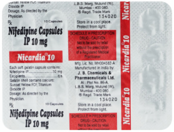 Box and a strip of Nifedipine 10mg Capsule