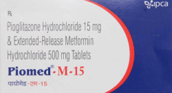 Box of generic pioglitazone 15 mg, metformin (SR) 500 mg tablets