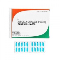 Box and blister strips of generic ampicillin 250mg capsules