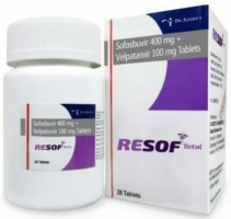 A bottle of Sofosbuvir 400mg + Velpatasvir 100mg tablets. 