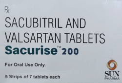 A box of Sacubitril 97mg + Valsartan 103mg tablets. 
