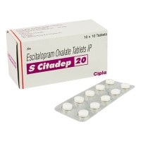 A box and a blister pack of generic Escitalopram Oxalate 20mg tablets