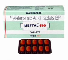 A box and a strip of Mefenamic Acid 500mg Tablet