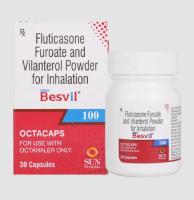 A box and a bottle of Fluticasone Furoate (100mcg) + Vilanterol (25mcg) Octacaps with Octahaler Device