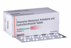 A box and a strip of Olmesartan Medoxomil (40mg) + Amlodipine (5mg) + Hydrochlorothiazide (12.5mg) tablets. 