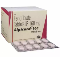 A box of generic Fenofibrate 160mg tablets