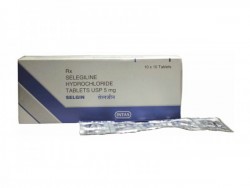 A box and a strip of generic Selegiline 5mg tablets