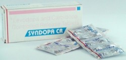A box pack and two strips of Levodopa (200mg) + Carbidopa (50mg) Tablet