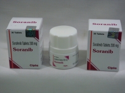 A bottle kept in between two boxes of generic Sorafenib 200mg tablets