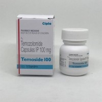 A box and a plastic bottle of generic Temozolomide 100mg Capsules