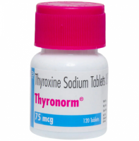 A bottle of Levothyroxine 75mcg tablets. 