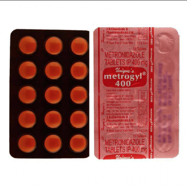 Front and back side of generic metronidazole 400mg tablet