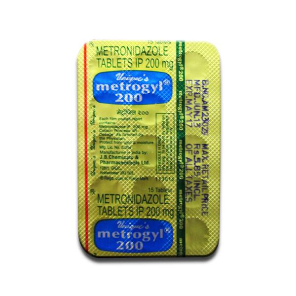 A box of generic metronidazole 200mg tablet