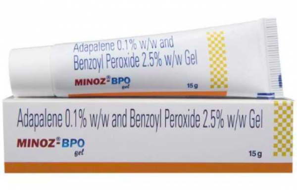 A tube of Adapalene 0.1% w/w + Benzoyl Peroxide 2.5% w/w gel. 
