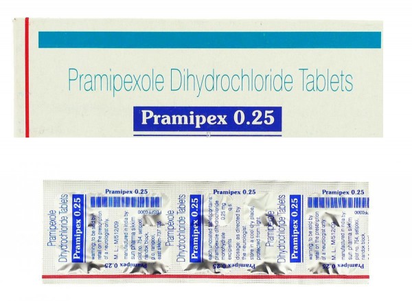 A box pack and a blister of Pramipexole 0.25 mg Tablet