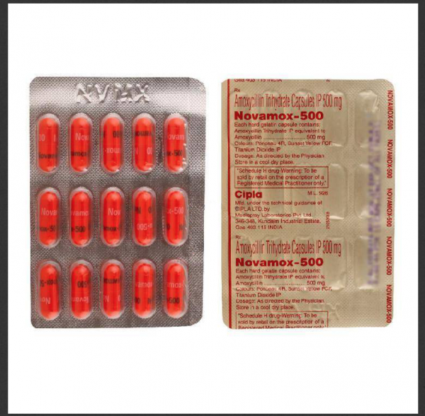Front and back of blister pack of amoxicillin 500mg capsule